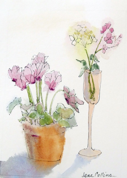 CYCLAMEN AND WINE GLASS by Jane Wallor Collins